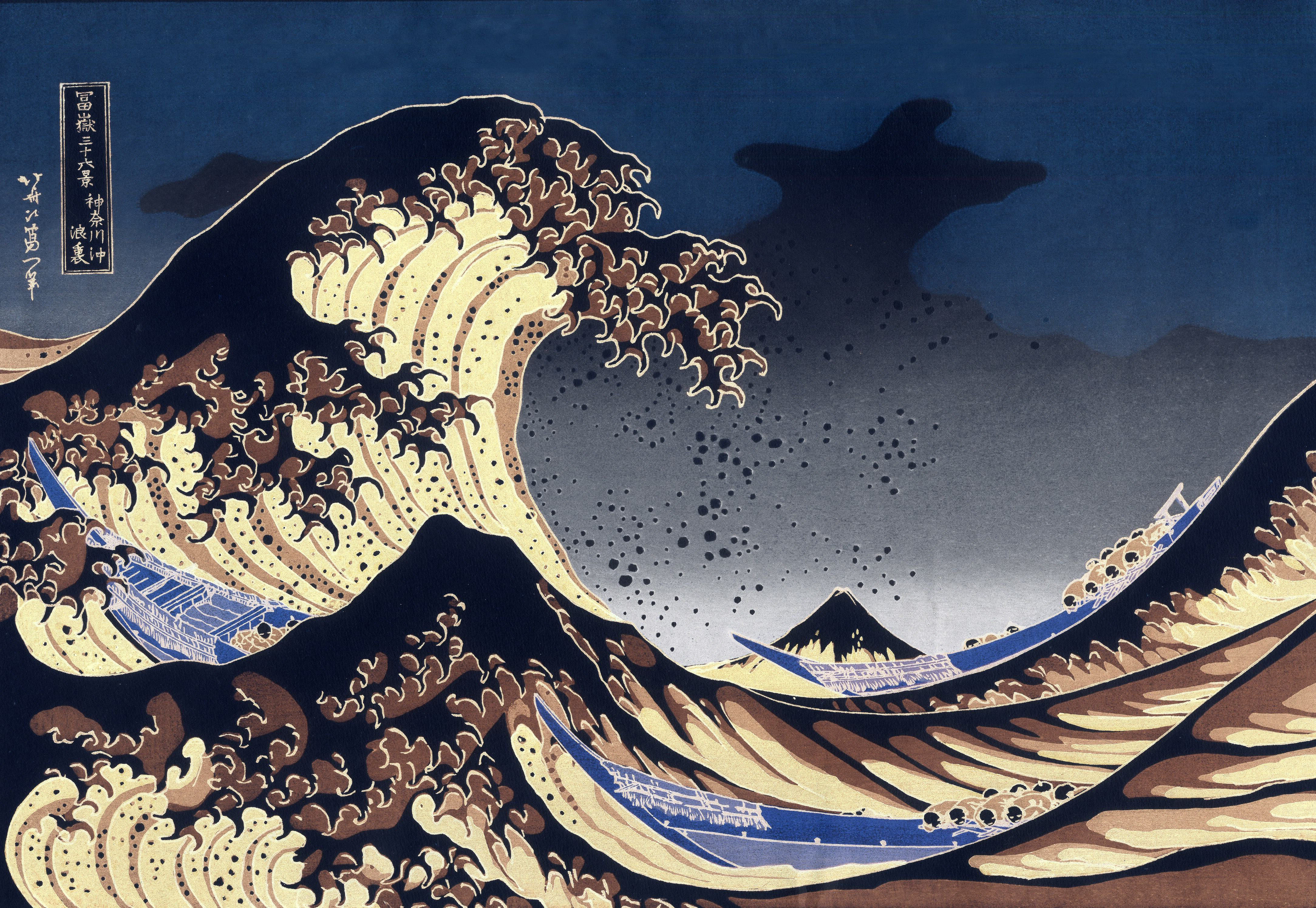 Япония, картины, волны, лодки, транспортные средства, Большая волна в Канагава, Кацусика Хокусай, море - обои на рабочий стол