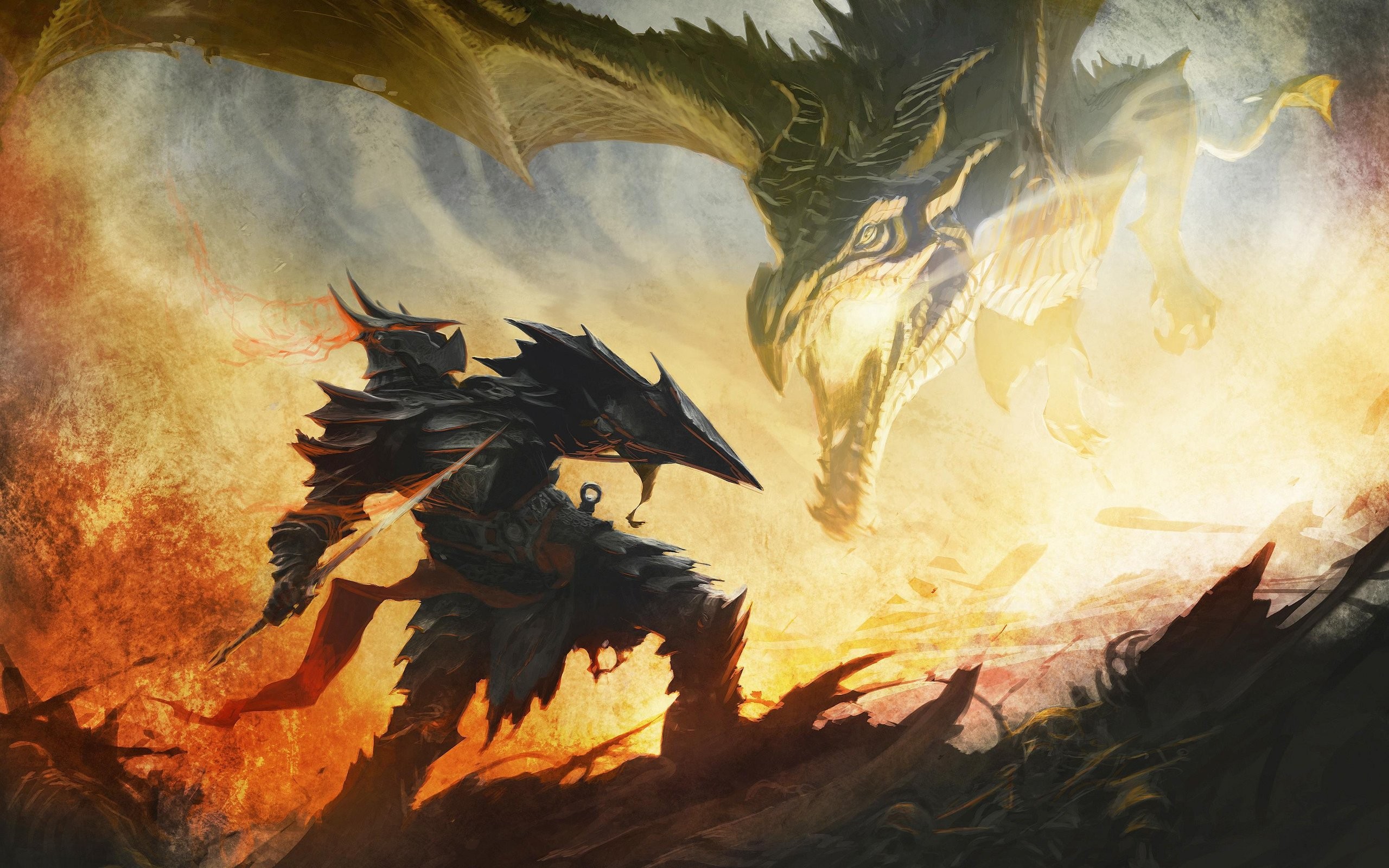 крылья, драконы, огонь, Фэнтази, доспехи, произведение искусства, воины, мечи, The Elder Scrolls V : Skyrim, игры - обои на рабочий стол