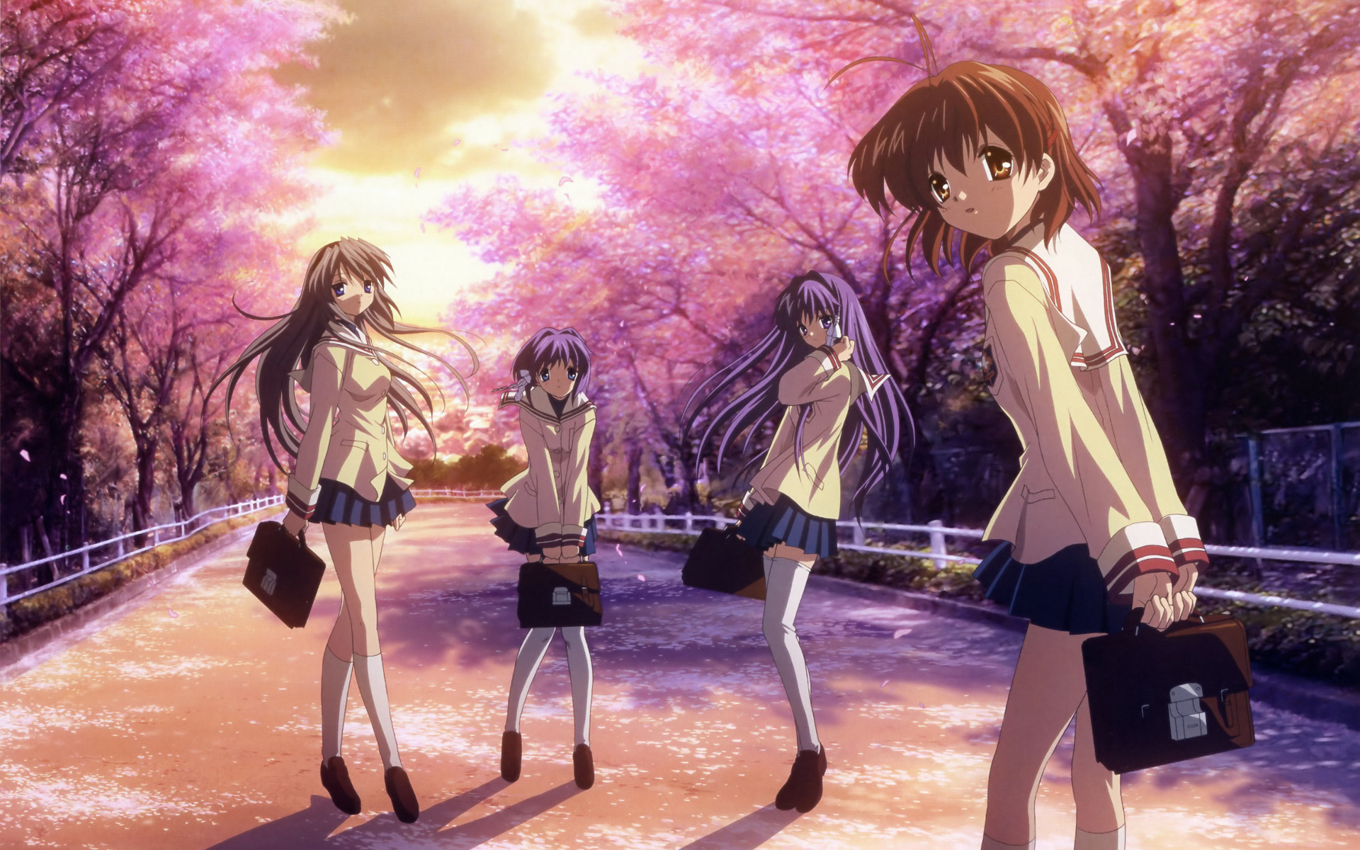 вишни в цвету, Clannad, Сакагами Томое, Фурукава Нагиса, Fujibayashi Kyou, Fujibayashi Ryou - обои на рабочий стол