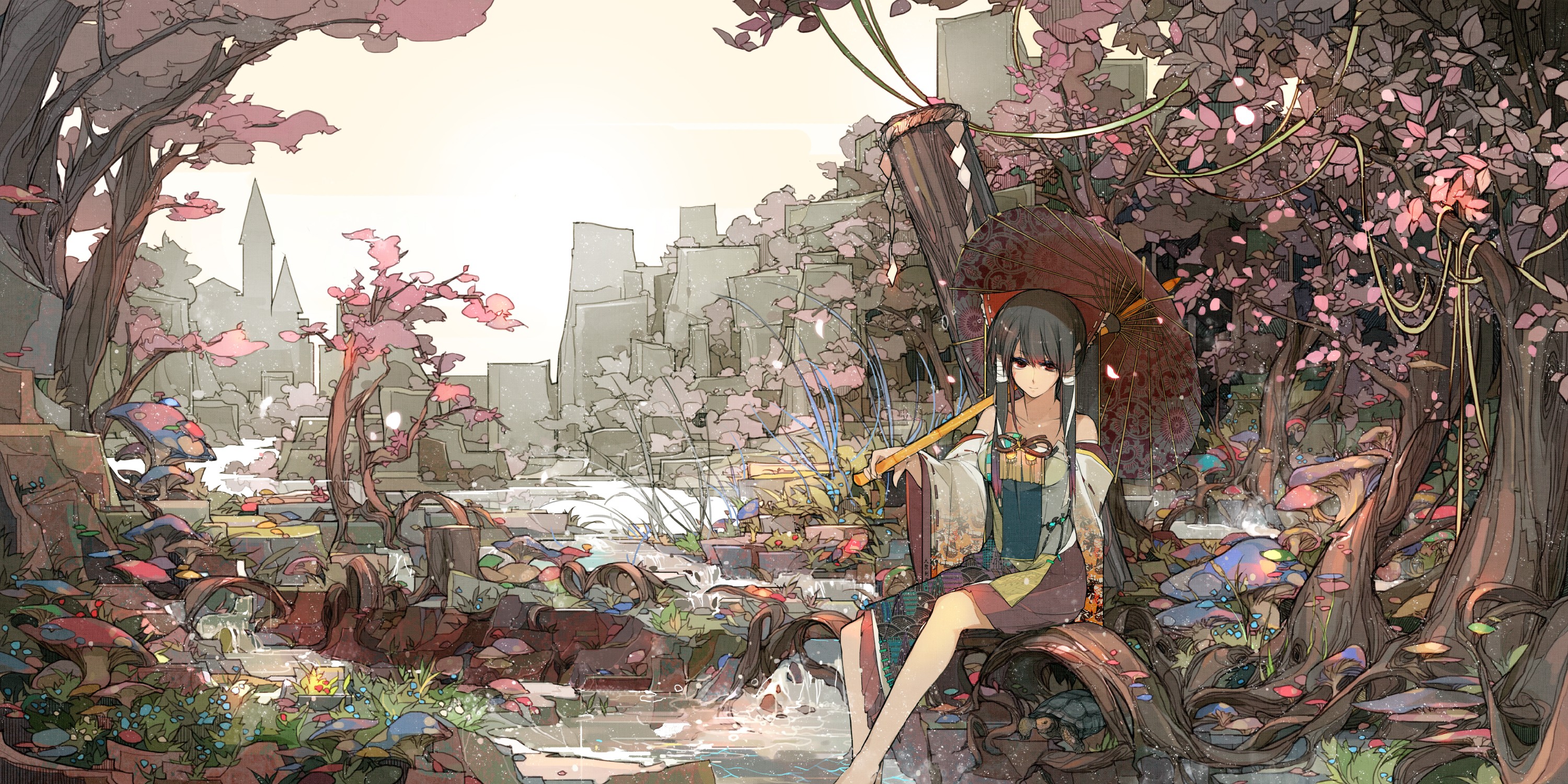 Тохо, леса, Hakurei Reimu, аниме, зонтики, аниме девушки, отдельные рукава - обои на рабочий стол