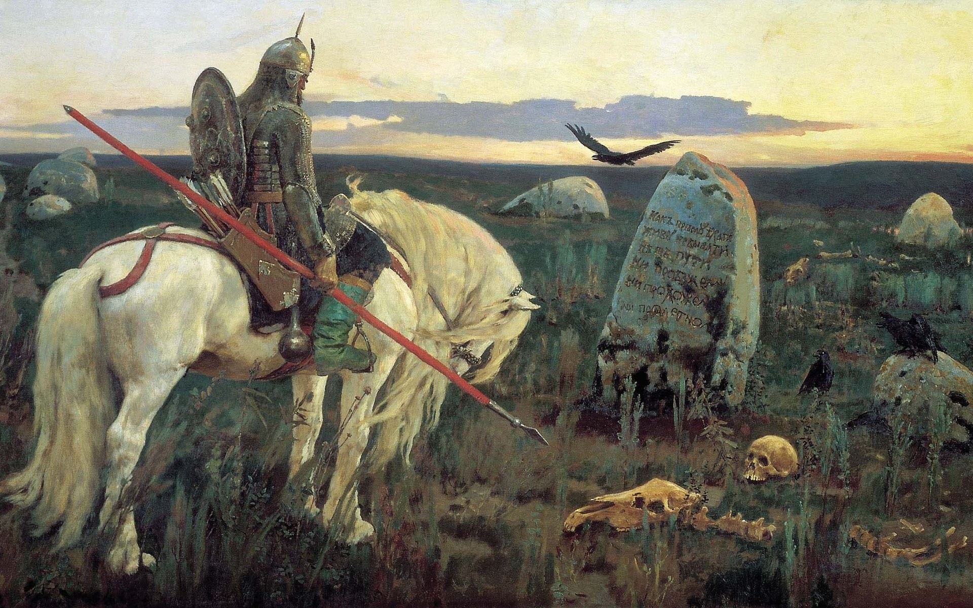 черепа, картины, оружие, щит, лошади, произведение искусства, воины, копья, могилы, Виктор Васнецов - обои на рабочий стол