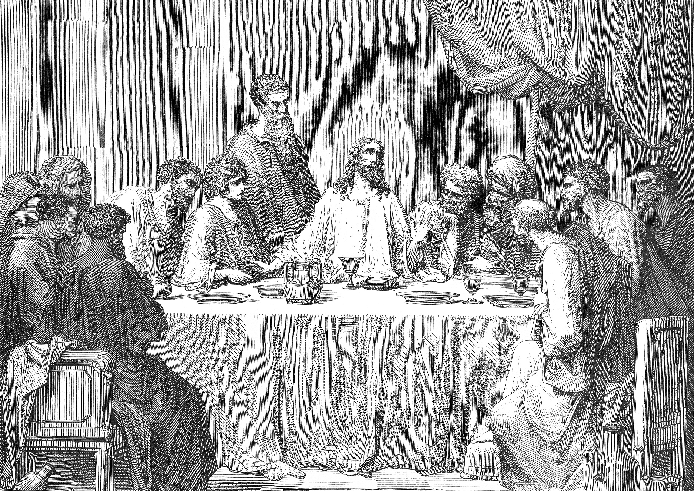оттенки серого, Тайная вечеря, Иисус Христос, произведение искусства, Гюстав Доре - обои на рабочий стол