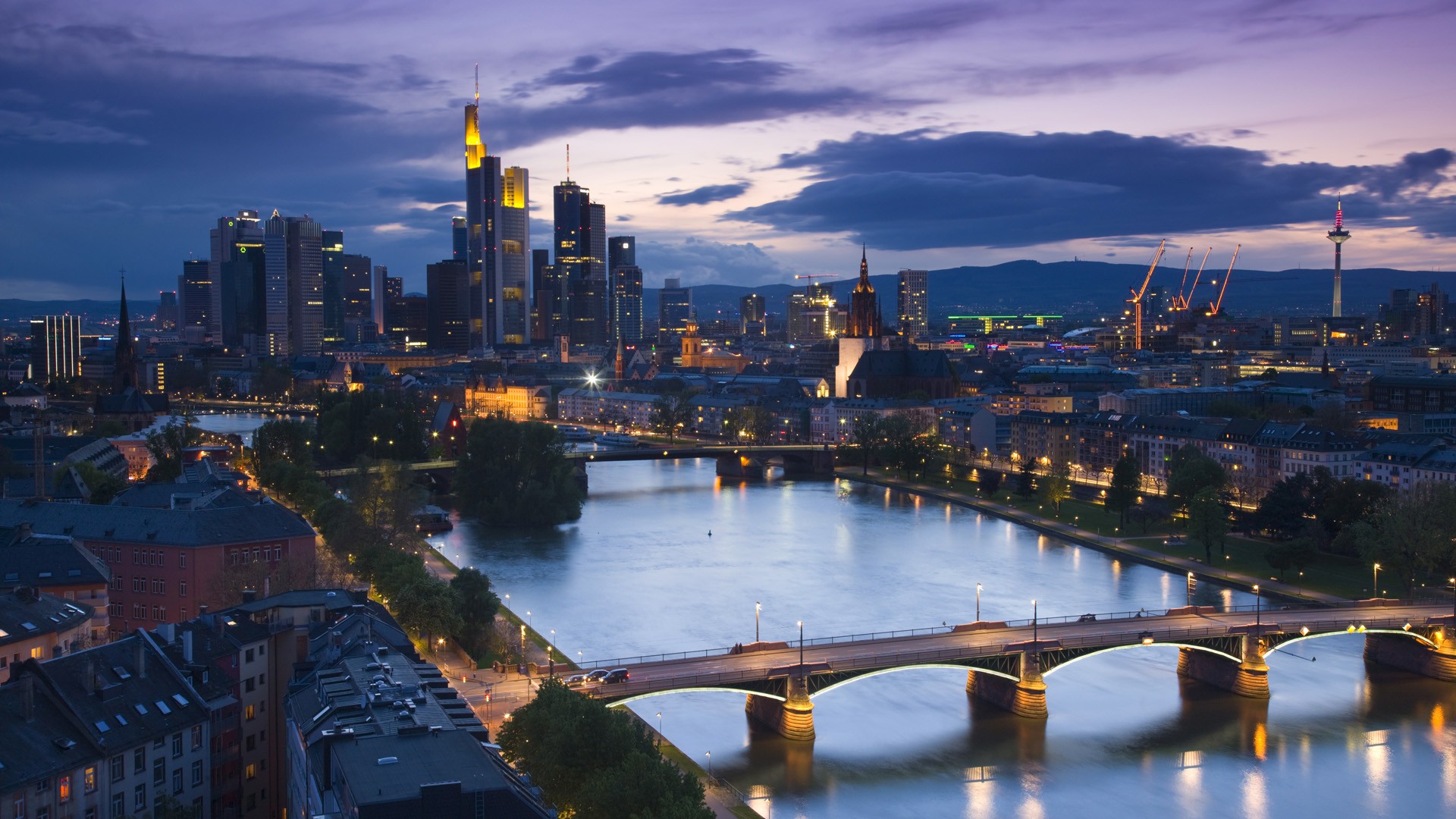 облака, города, Германия, мосты, Франкфурт - обои на рабочий стол