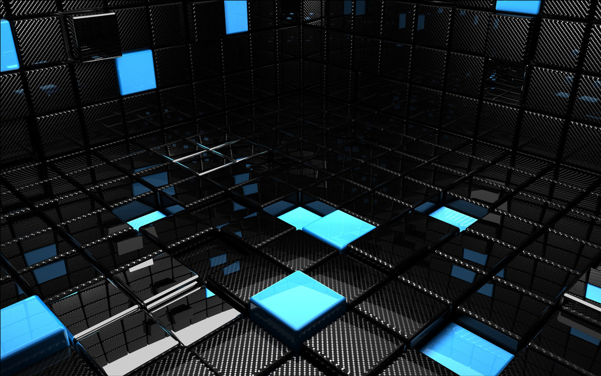 3D вид (3д), абстракции, синий, черный цвет, темнота, кубики, отражения - обои на рабочий стол