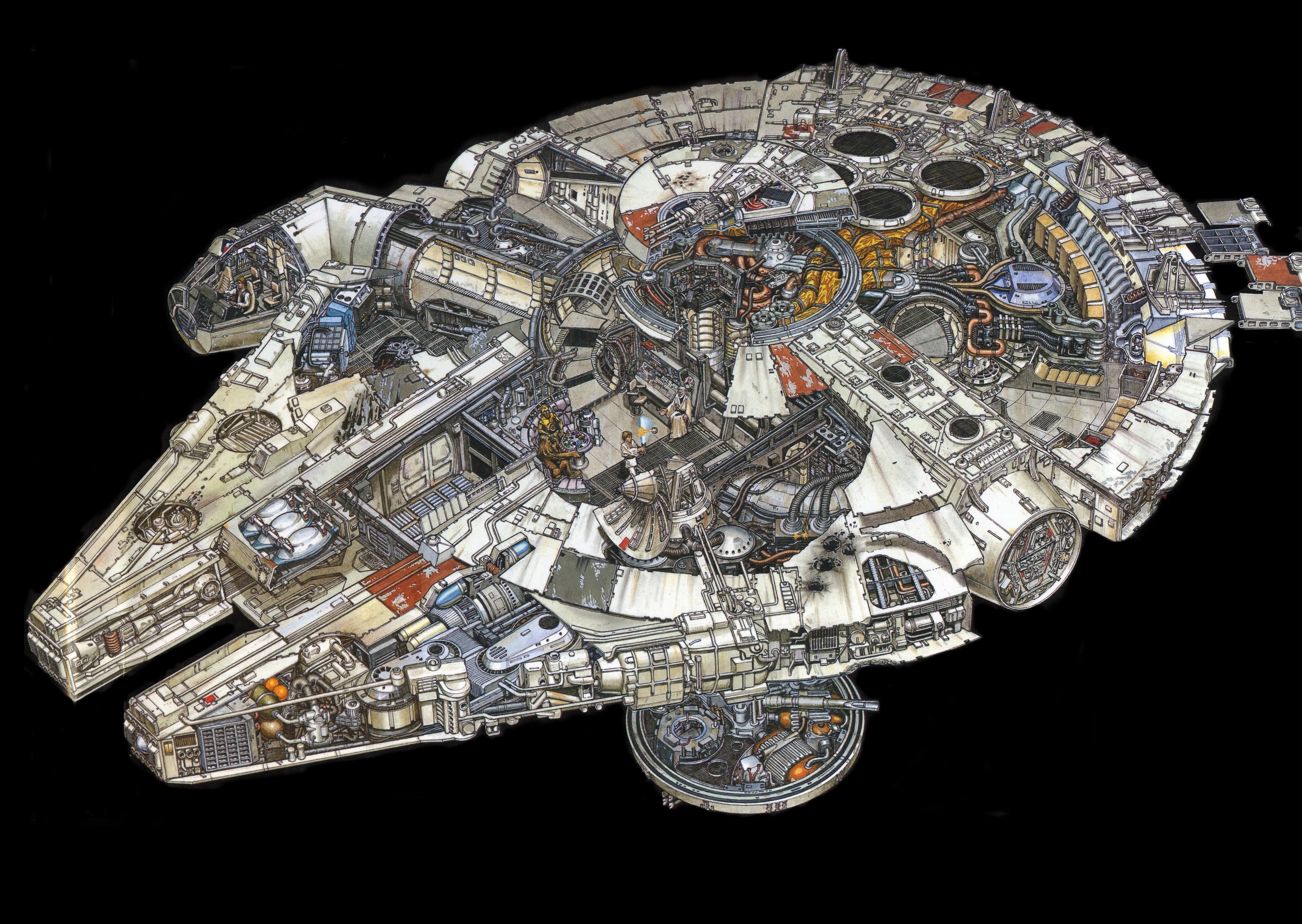 Звездные Войны, кино, C3PO, R2D2, Люк Скайуокер, Хан Соло, Чубакка, космические корабли, Тысячелетний сокол, транспортные средства, поперечное сечение - обои на рабочий стол