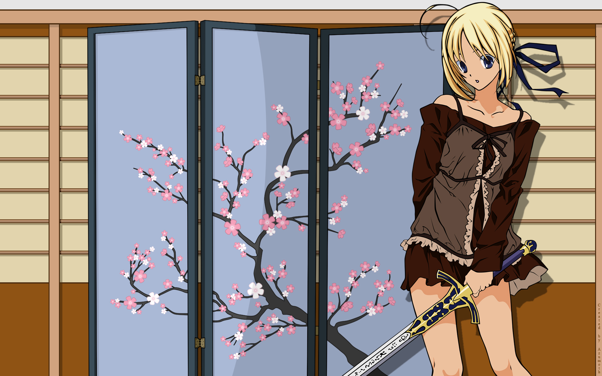 блондинки, вишни в цвету, Fate/Stay Night (Судьба), аниме, Сабля, аниме девушки, мечи, Fate series (Судьба) - обои на рабочий стол