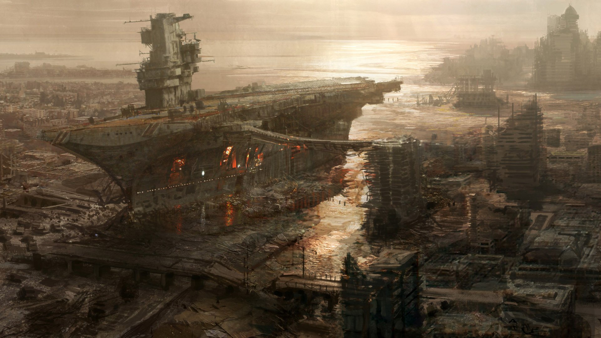 видеоигры, перевозчик, осадки, корабли, Апокалипсис, лодки, концепт-арт, произведение искусства, транспортные средства, заклепки город, Fallout 3, море - обои на рабочий стол