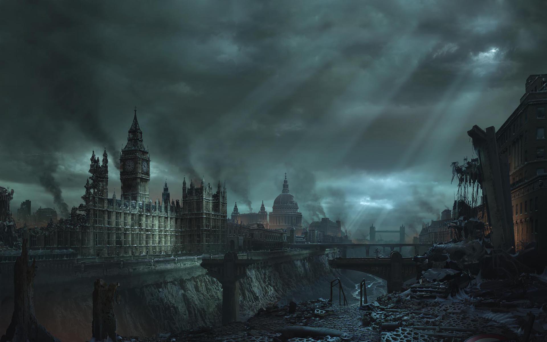 синий, облака, города, Лондон, разрушение, здания, Биг-Бен - обои на рабочий стол
