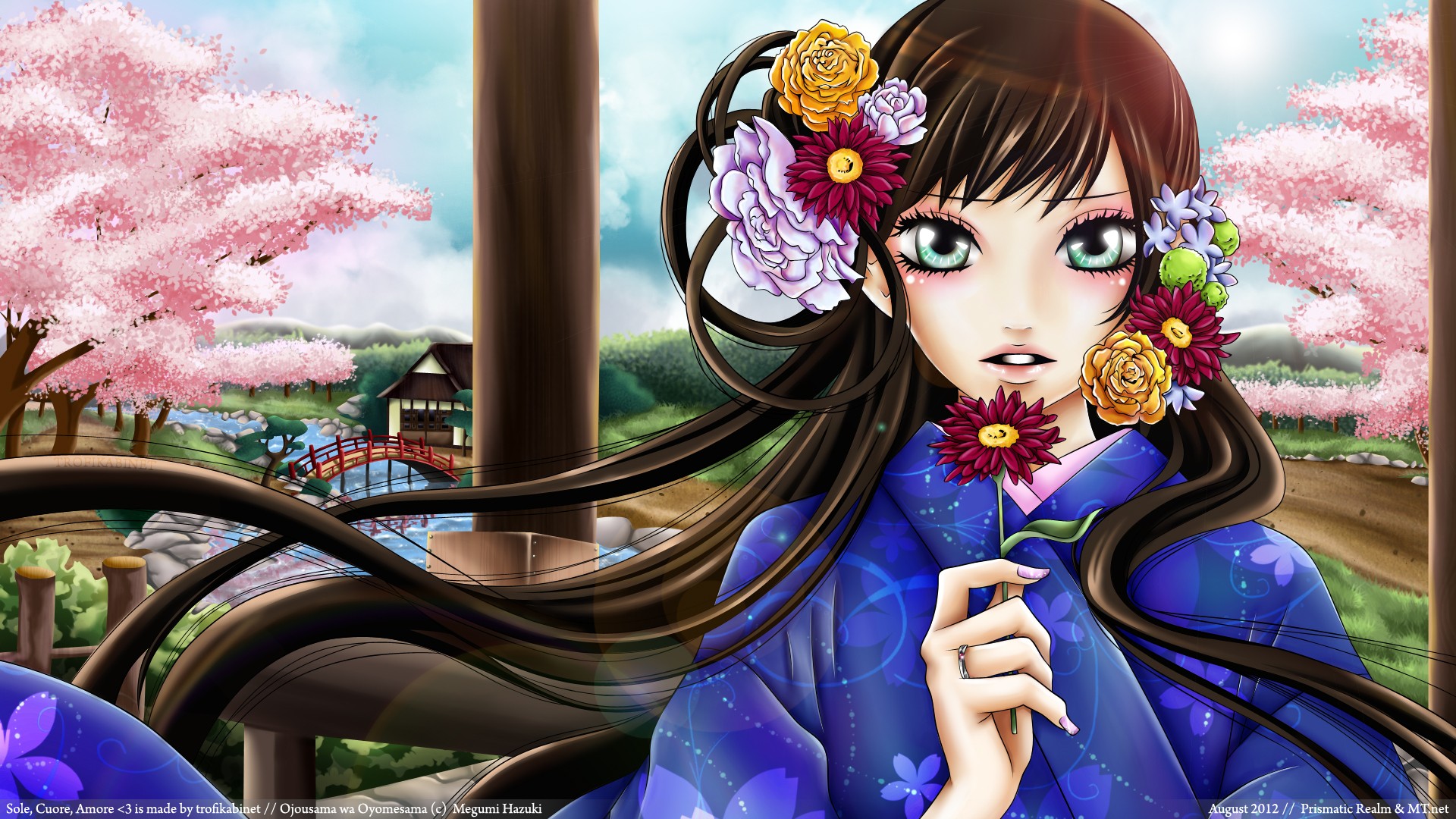 брюнетки, вишни в цвету, цветы, сакура, мосты, кимоно, зеленые глаза, реки, аниме девушки, Японский архитектура, Towako Gokurakuin, Ojousama ва Oyomesama - обои на рабочий стол