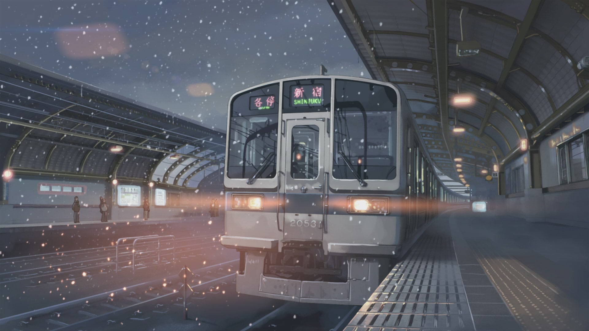 снег, поезда, Макото Синкай, вокзалы, Синдзюку, 5 сантиметров в секунду, произведение искусства, транспортные средства, подробный - обои на рабочий стол