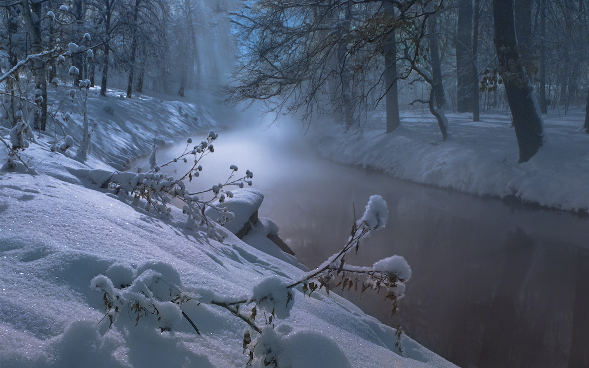 вода, пейзажи, природа, зима, деревья, ночь, реки - обои на рабочий стол