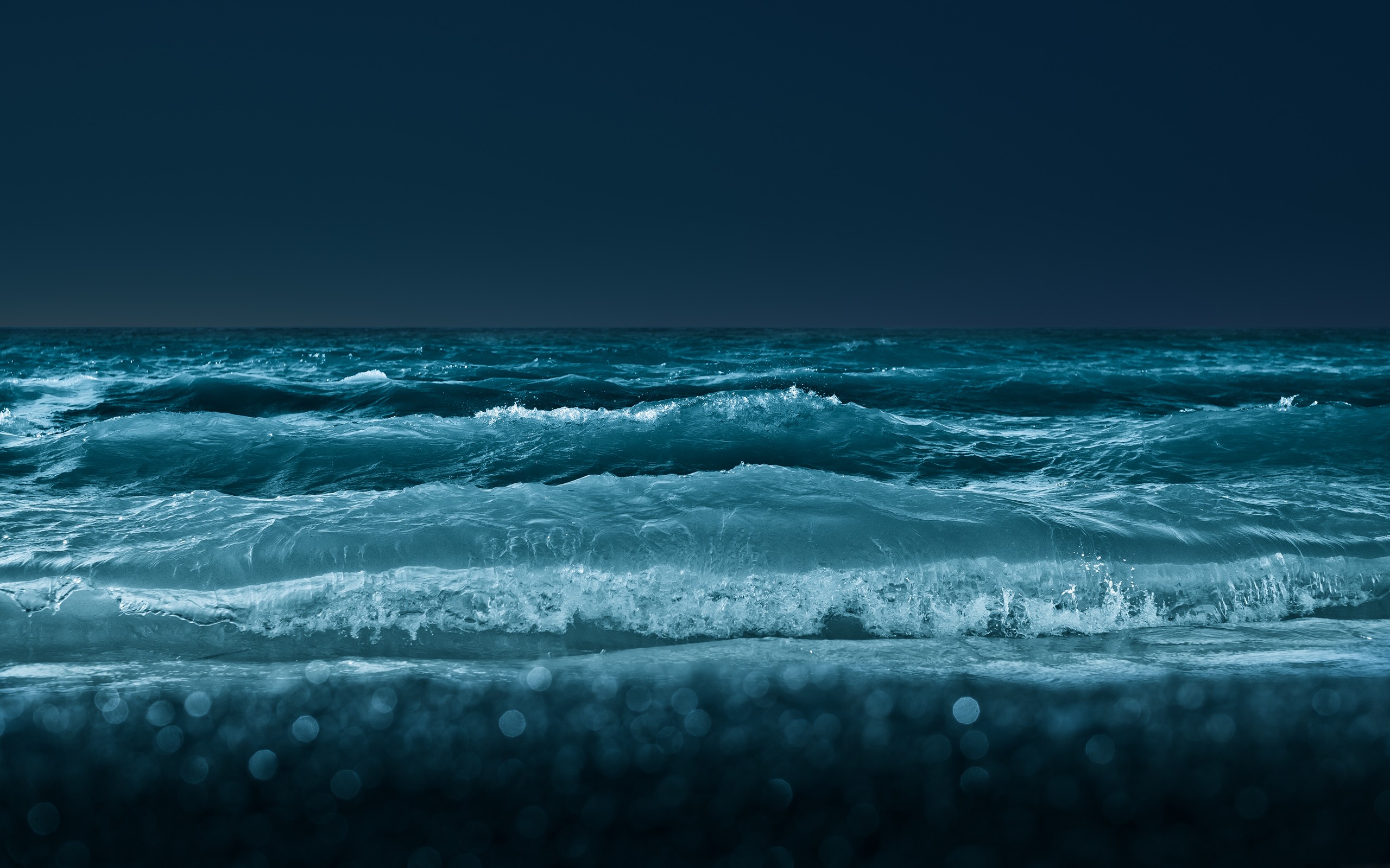 вода, океан, природа, ночь, волны, монохромный - обои на рабочий стол