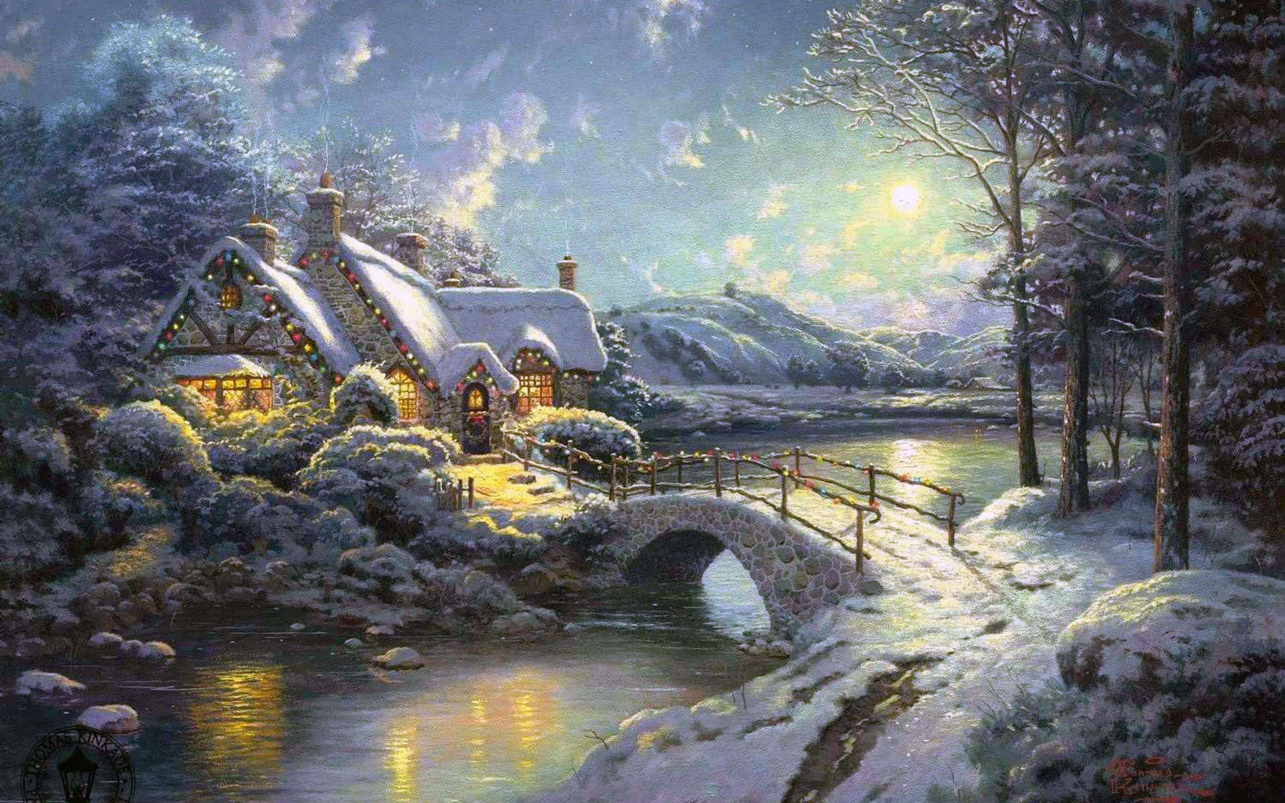 зима, снег, белый, Луна, лунный свет, рождество, произведение искусства, Томас Кинкейд, коттедж - обои на рабочий стол