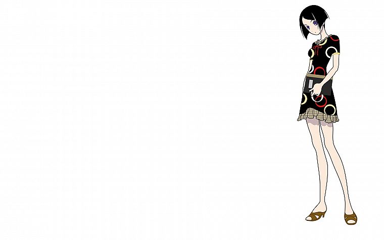 Sayonara Zetsubou Сенсей, платье, короткие волосы, фиолетовые глаза, простой фон, аниме девушки, серый фон, черные волосы, Arai Чи - обои на рабочий стол