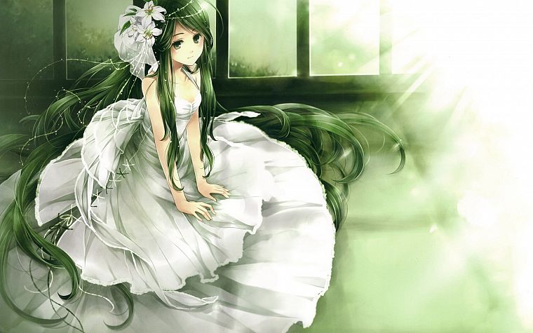 платье, цветы, длинные волосы, зеленые волосы, белое платье, аниме девушки - обои на рабочий стол