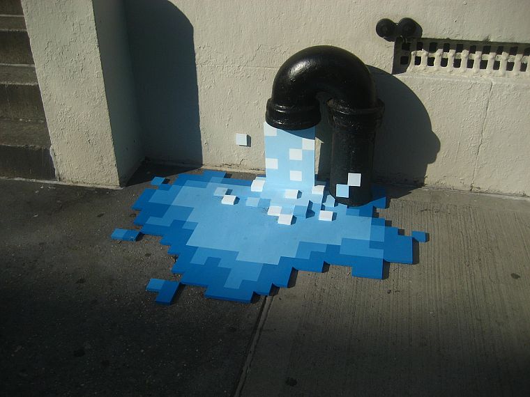 вода, синий, граффити, стрит-арт, пикселизация - обои на рабочий стол