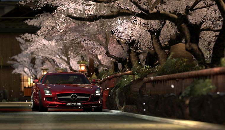пейзажи, деревья, красный цвет, автомобили, Киото, живописный, транспортные средства, Мерседес Бенц, Mercedes- Benz SLS AMG E-Cell - обои на рабочий стол