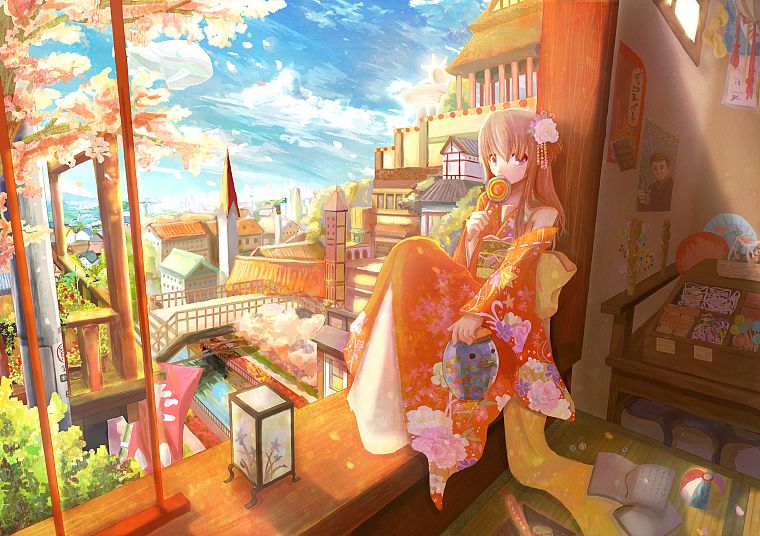 вишни в цвету, комната, живописный, Кария Kyou, японская одежда, аниме девушки, города, небеса - обои на рабочий стол