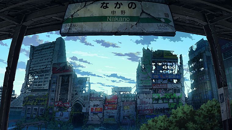 Япония, руины, постапокалиптический, знаки, произведение искусства, аниме, Плющ, заброшенный, затопленный, города, Накано, TokyoGenso - обои на рабочий стол