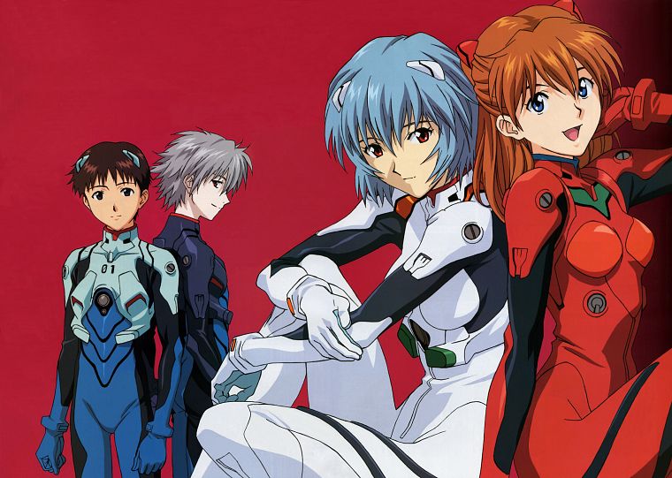 Ayanami Rei, Neon Genesis Evangelion (Евангелион), Икари Синдзи, Каору Нагиса, Аска Лэнгли Сорю, простой фон - обои на рабочий стол