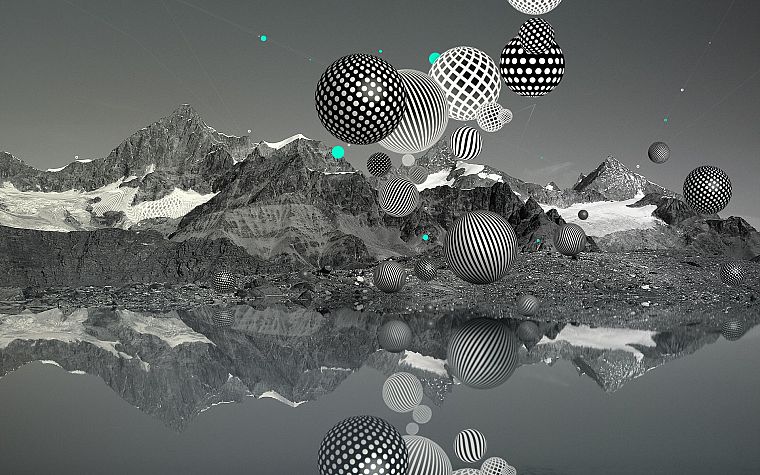 горы, сферы, озера, выборочная раскраска, Desktopography, 3D (трехмерный), отражения - обои на рабочий стол