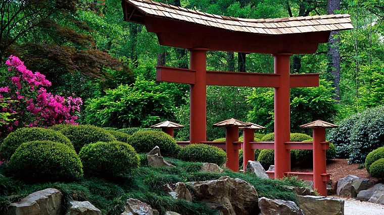 сад, Алабама, тории, Японский архитектура - обои на рабочий стол