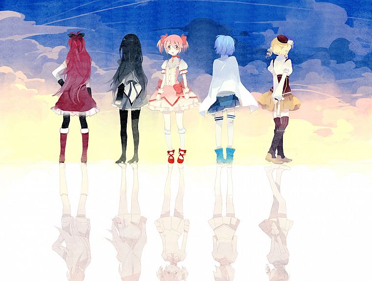 облака, Mahou Shoujo Мадока Magica, Мики Саяка, Сакура Kyouko, Томоэ Мами, Канаме Мадока, аниме, Акеми Homura, аниме девушки - обои на рабочий стол