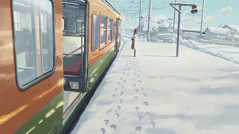 поезда, Макото Синкай, 5 сантиметров в секунду, произведение искусства, транспортные средства, зимние пейзажи, след - обои на рабочий стол