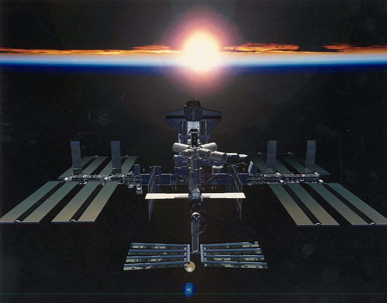 восход, космическое пространство, Земля, космический челнок, Международная космическая станция - обои на рабочий стол