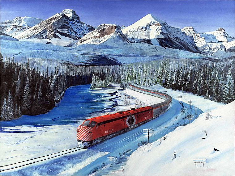 горы, зима, снег, поезда, железнодорожные пути, транспортные средства - обои на рабочий стол
