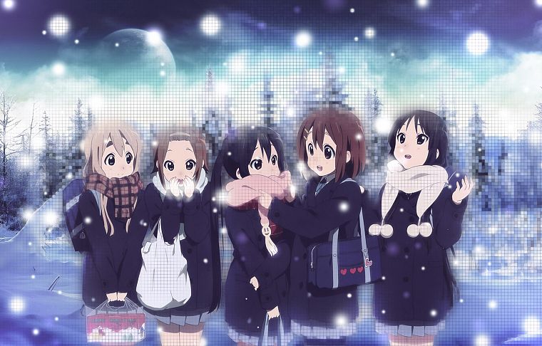 снег, Hirasawa Юи, Акияма Мио, Tainaka Ritsu, Kotobuki Tsumugi, Накано Азуса, аниме - обои на рабочий стол
