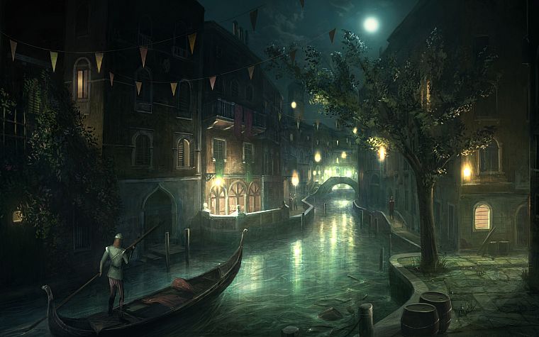 видеоигры, города, Луна, корабли, произведение искусства, Assassins Creed 2, реки, гондолы - обои на рабочий стол