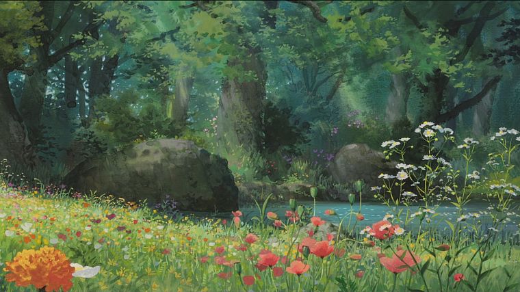 деревья, скалы, произведение искусства, Не Karigurashi не Arrietty, Тайный мир Arrietty, полевые цветы - обои на рабочий стол