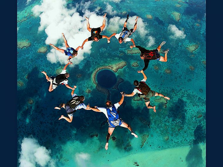 природа, риф, затяжные прыжки с парашютом, Great Blue Hole, Белиз - обои на рабочий стол