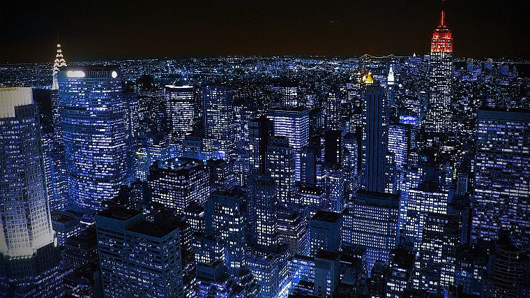 города, ночь, огни, Нью-Йорк, живописный, небо - обои на рабочий стол