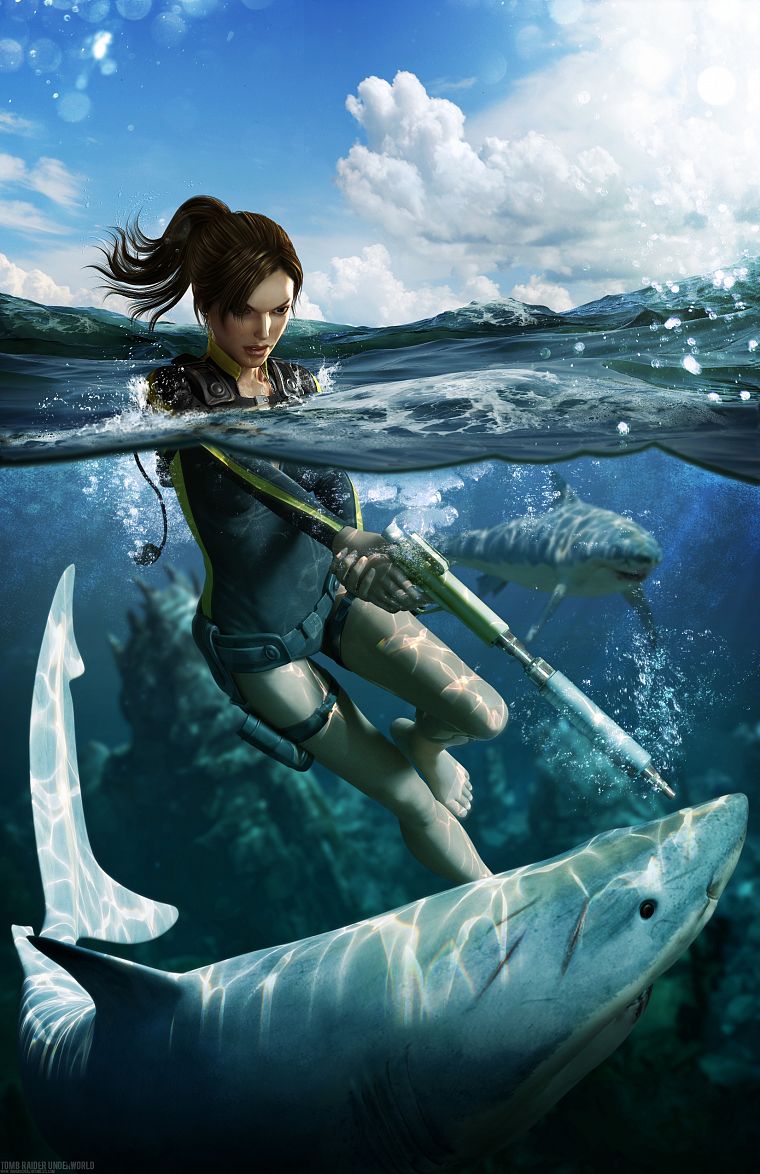 видеоигры, Tomb Raider, Лара Крофт, акулы - обои на рабочий стол