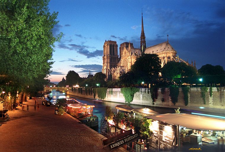 Париж, пейзажи, ночь, огни, архитектура, корабли, церкви, Нотр-Дам, реки, невод - обои на рабочий стол