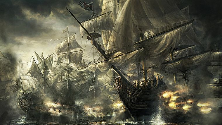 океан, война, корабли, пушки, сражения, произведение искусства, Radojavor, паруса - обои на рабочий стол