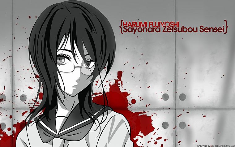 Sayonara Zetsubou Сенсей, кровь, школьная форма, очки, монохромный, meganekko, Fujiyoshi Харуми, аниме девушки, морская форма - обои на рабочий стол
