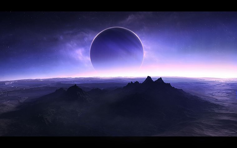 горы, космическое пространство, звезды, планеты, фиолетовый, пустыри, научная фантастика - обои на рабочий стол