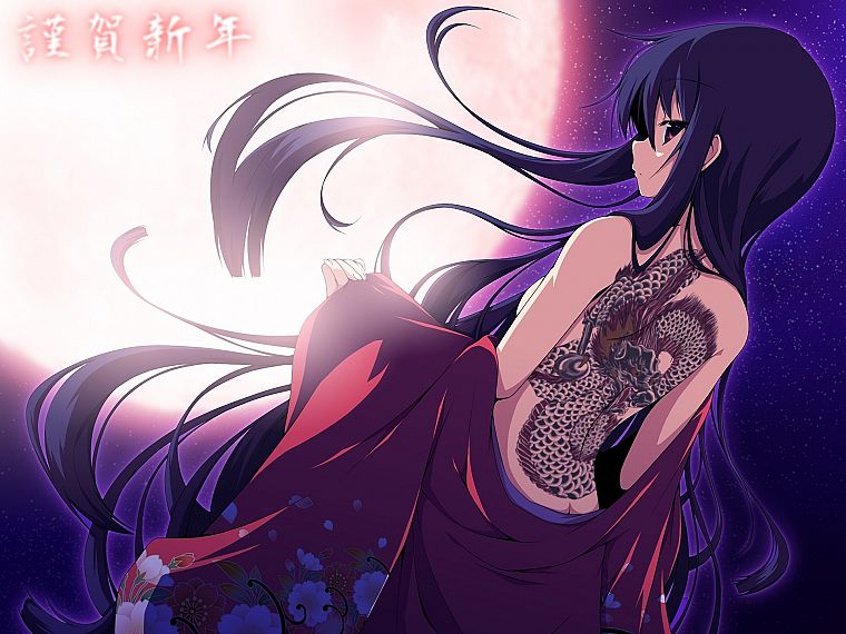 татуировки, девушки, звезды, татуировка дракона, Луна, длинные волосы, кимоно, фиолетовые волосы, фиолетовые глаза, аниме девушки - обои на рабочий стол