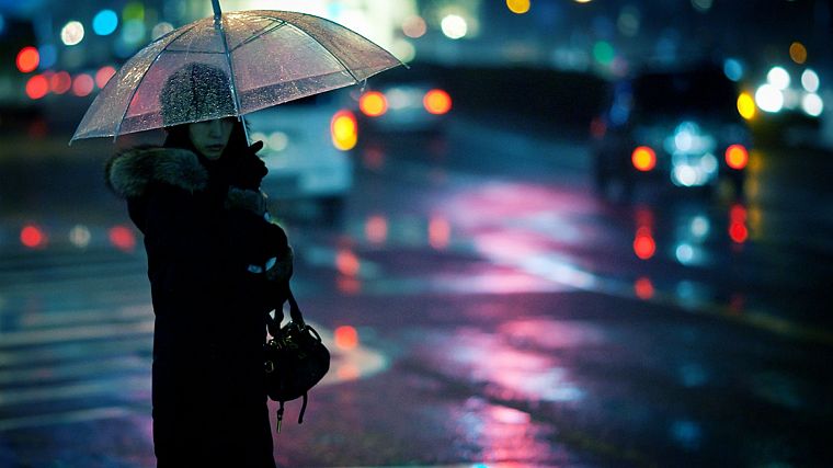 девушки, города, дождь, на открытом воздухе, светофоры, боке, зонтики - обои на рабочий стол