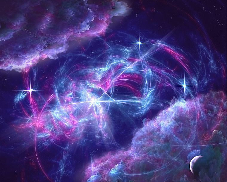 синий, облака, космическое пространство, звезды, розовый цвет, планеты, фиолетовый - обои на рабочий стол