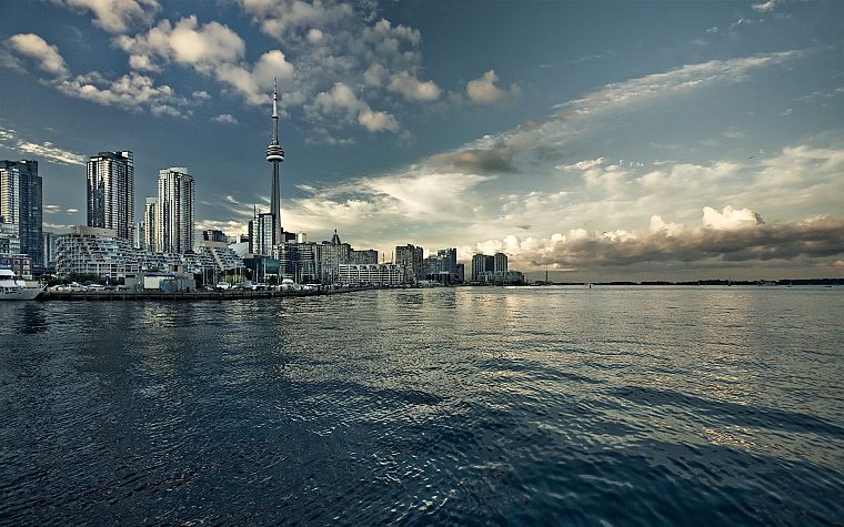 вода, облака, города, Канада, Торонто, Харбор, залив, CN Tower, гаваней, Озеро Онтарио - обои на рабочий стол