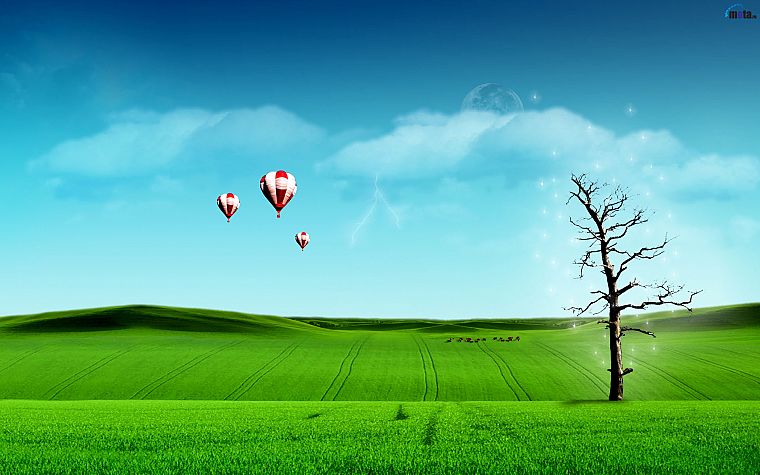 зеленый, деревья, поля, цифровое искусство, воздушные шары, небеса - обои на рабочий стол