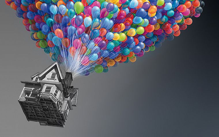 Pixar, художественный, многоцветный, дома, Вверх ( фильм ), воздушные шары, выборочная раскраска, небо - обои на рабочий стол