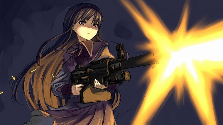 брюнетки, пистолеты, оружие, Mahou Shoujo Мадока Magica, аниме, Акеми Homura, фиолетовые глаза, простой фон, аниме девушки, M249, морда вспышка - обои на рабочий стол
