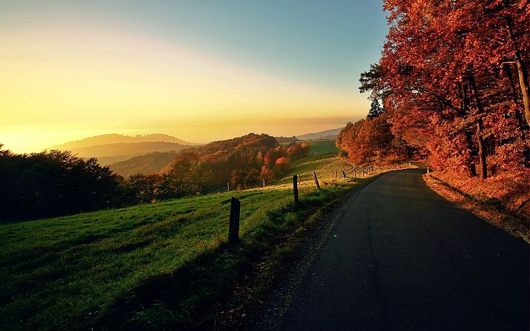 закат, пейзажи, природа, деревья, осень, холмы, дороги - обои на рабочий стол