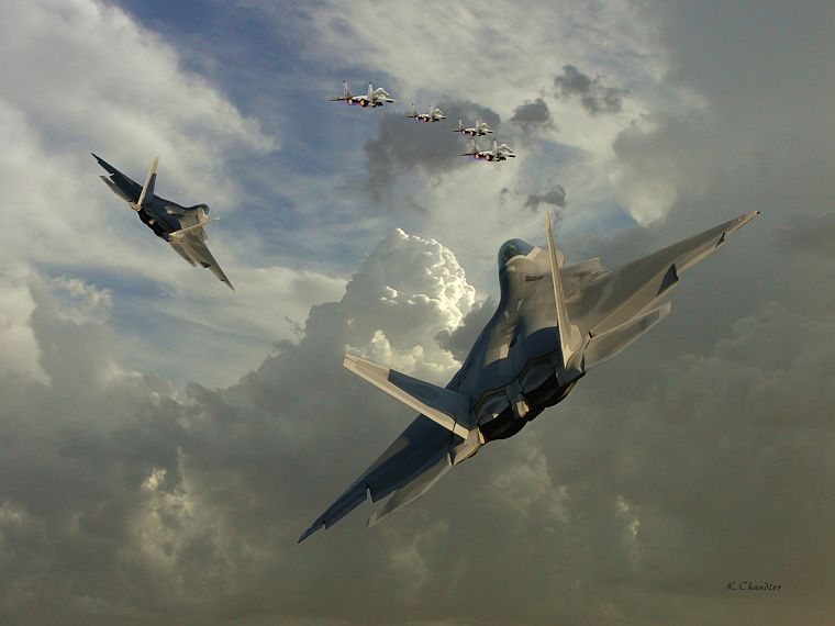 самолет, F-22 Raptor, МИГ - 29 Fulcrum - обои на рабочий стол