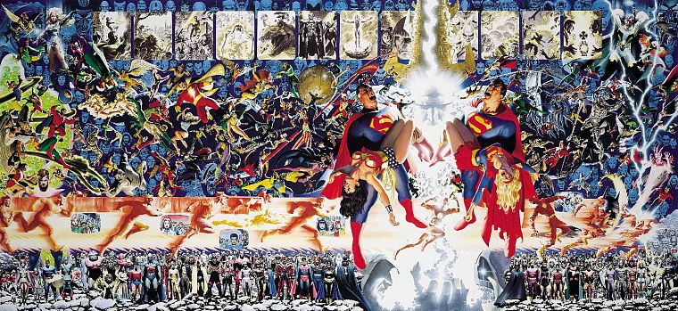 Зеленый Фонарь, Бэтмен, DC Comics, супермен, Supergirl, вспышка, Капитан Марвел, Алекс Росс, марсианин, Hawkman, Вспышка ( супергерой ), Джордж Перес, Кризис на бесконечных Землях, Wonder Woman - обои на рабочий стол